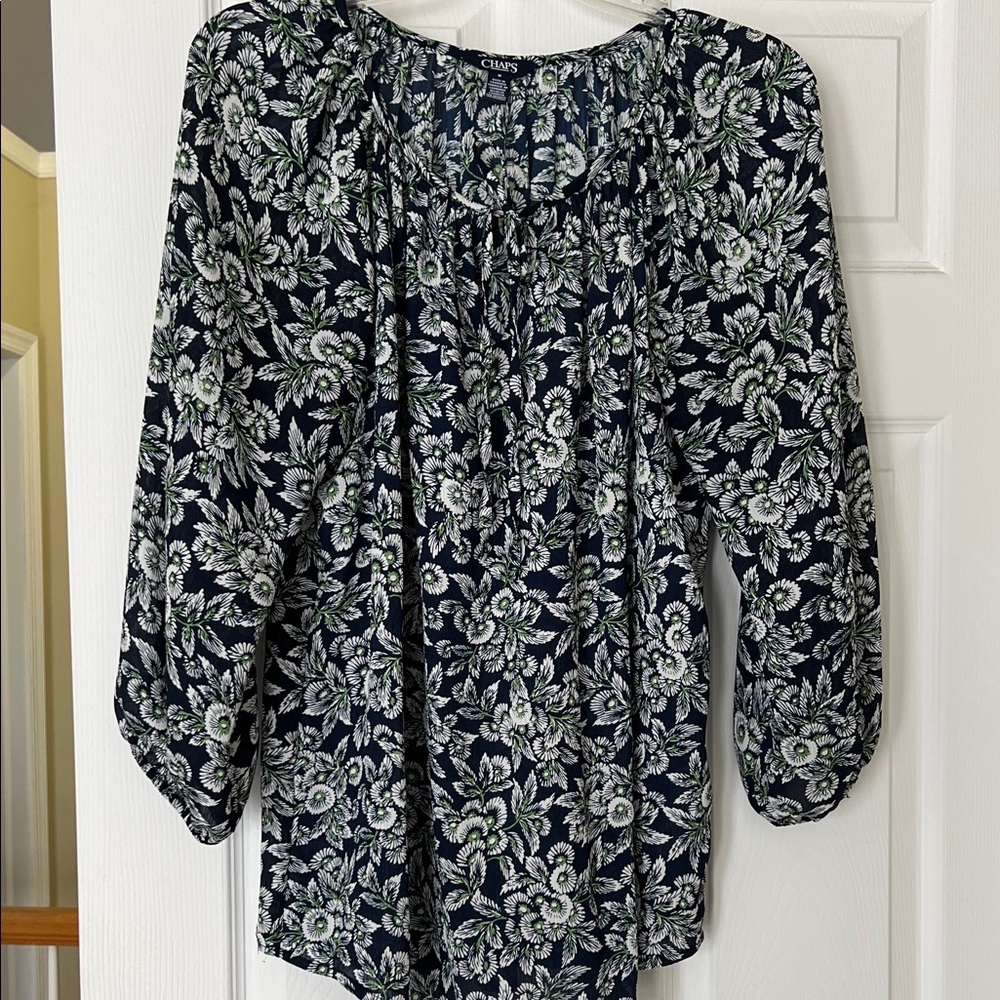 Chaps Navy Floral Tie-Neck Peasant Top